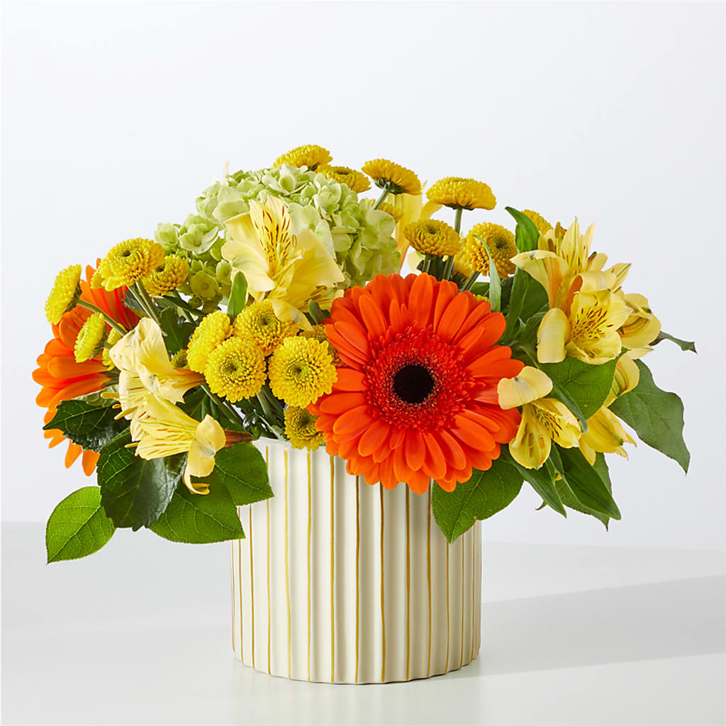Autumn Sunshine Bouquet with Ivory Vase – Village Flower Company, Prairie Village KS